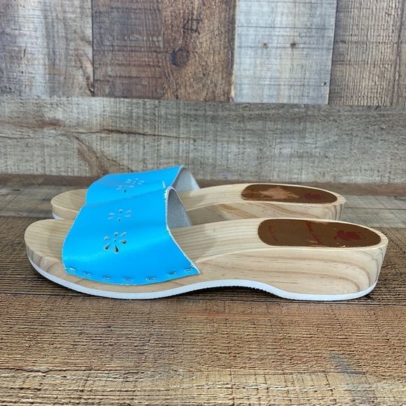 Hanna Andersson Blue Laser Cutout Slides Wood Sandals Womens 39 Slip On - Picture 9 of 16